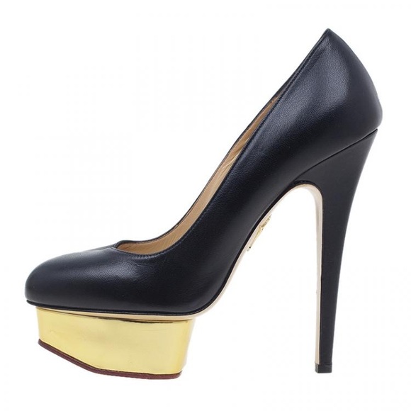 ❤️ NEW Charlotte Olympia Dolly Black and Gold Platform Heels Stiletto 39.5 - 8.5